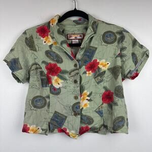 Vintage Caribbean Joe Womens Short Sleeve Hawaiian Green Shirt Petite Medium